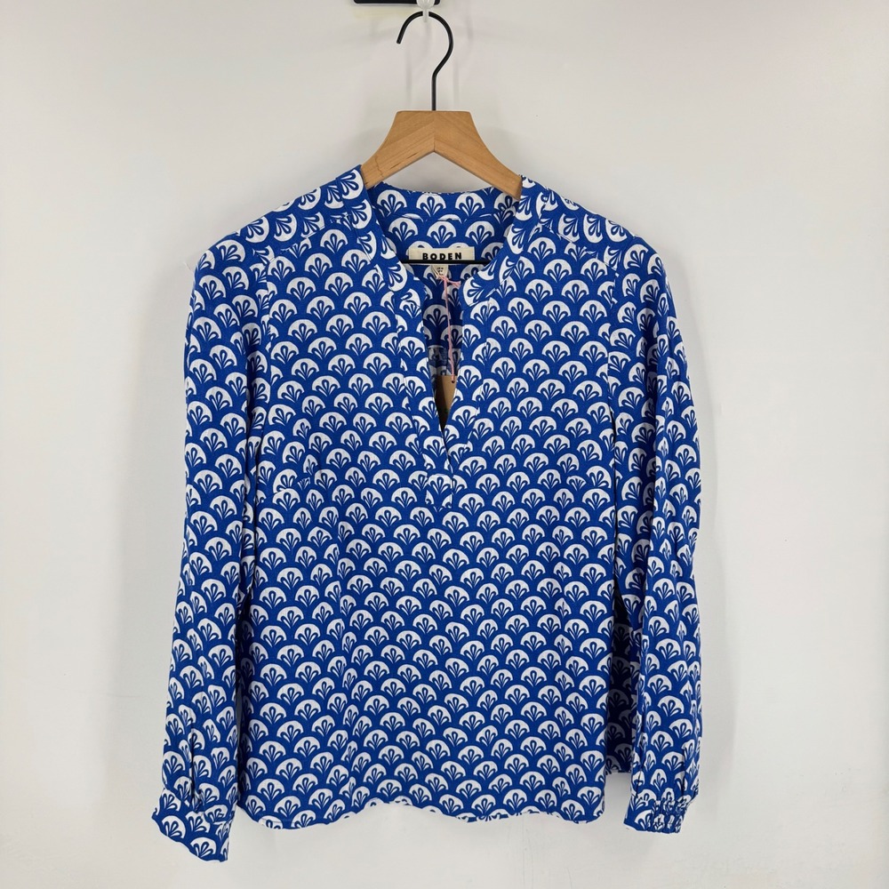 Boden NWT Linen Scallop Print Blouse Blue US 6 Mod Coastal Preppy Nautical